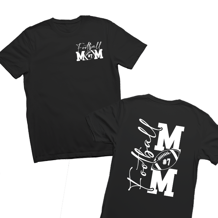 Custom Football Mom Tee – Personalized with your player’s name and number. Perfect for showing off team pride at games, events, and practices. Soft, 100% cotton material, built to last through all the seasons of cheering, tailgates, and celebrations.