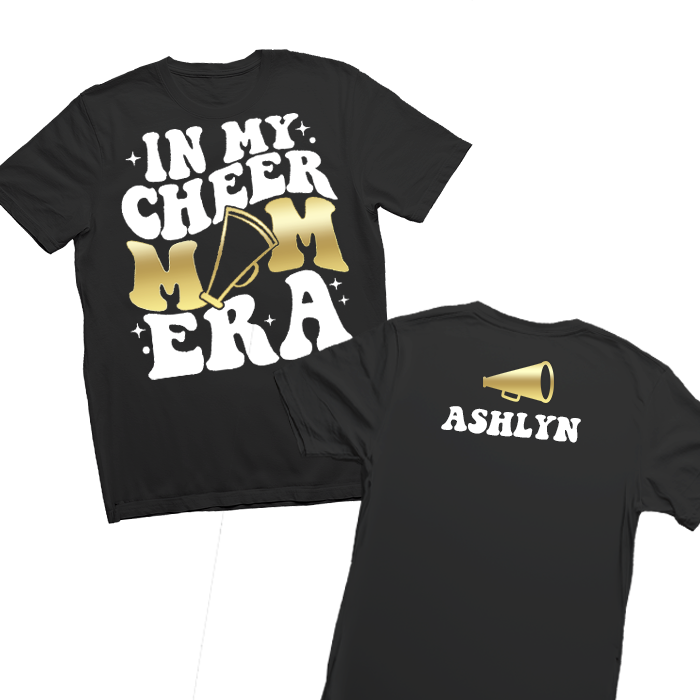 In My Cheer Mom Era Shirt--Made from 100% cotton for comfort and durability. Customizable with team name and colors. Perfect for competitions, pep rallies, and game days. Spirit wear that every cheer mom will love for showing support.