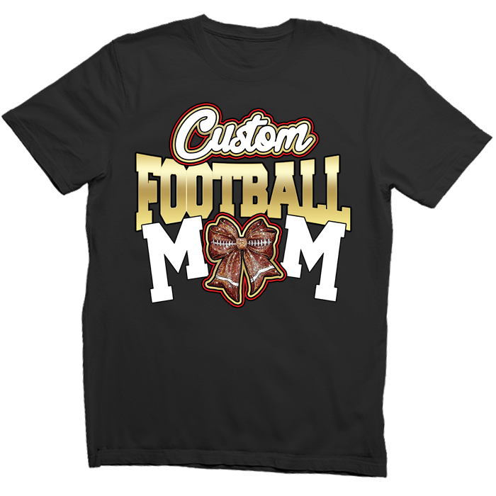 Custom Football Mom Shirt – Personalized with name and number, perfect for gameday, team spirit, or family photos. 100% cotton tee in vibrant colors, designed for comfort and durability. Ideal for football moms supporting their teams at every game and event.