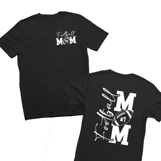 Custom Football Mom Tee – Personalized with your player’s name and number. Perfect for showing off team pride at games, events, and practices. Soft, 100% cotton material, built to last through all the seasons of cheering, tailgates, and celebrations.