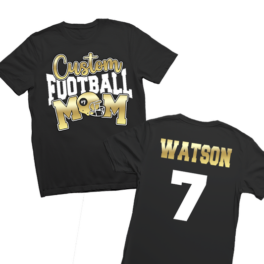 Personalized Football Mom Shirt – Custom name and team number. This 100% cotton shirt is perfect for gameday or casual wear. Show off your team spirit with comfort and style. Great for gifting to football moms who love cheering on their players at every event.