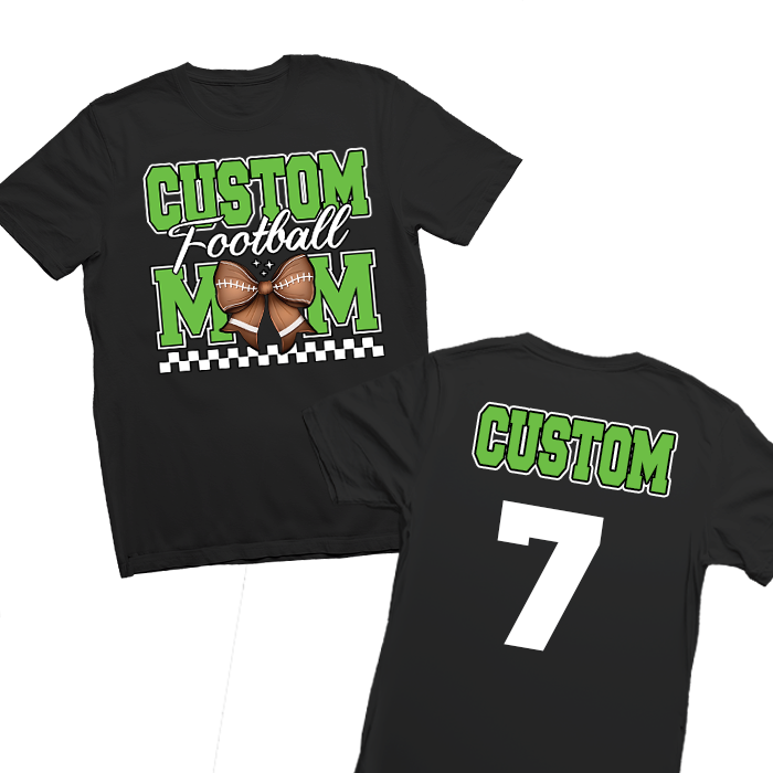 Football Mom Shirt – Customizable with name, number, and team colors. Made from 100% preshrunk cotton for comfort and longevity. The perfect shirt to wear for game day, cheering in the stands, or team events. Designed for football moms who love their players.