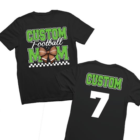 Football Mom Shirt – Customizable with name, number, and team colors. Made from 100% preshrunk cotton for comfort and longevity. The perfect shirt to wear for game day, cheering in the stands, or team events. Designed for football moms who love their players.